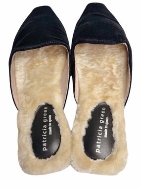 Patricia Green Charlotte Black Velvet Faux Fur Mule Slippers Made in Spain 8